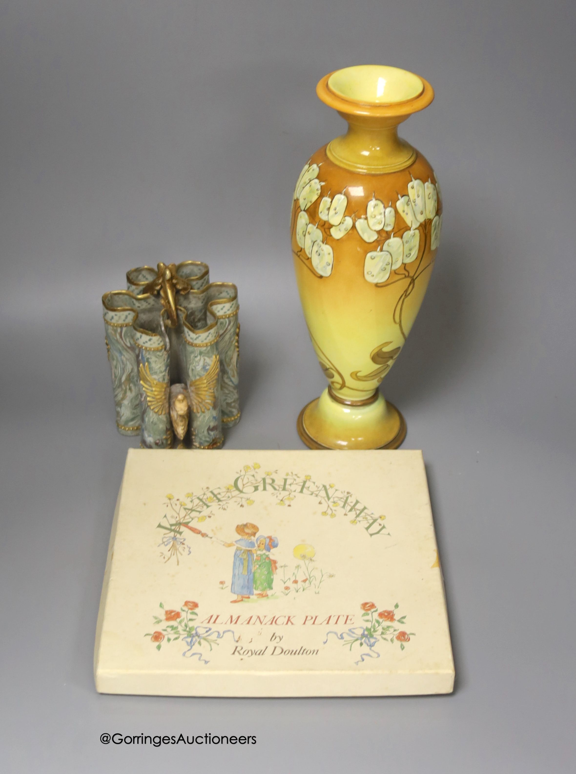 A Doulton & Rix Patent spill vase, 15cm, a Doulton Faience vase, and a Doulton Kate Greenaway almanack plate, boxed